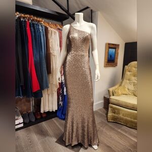 Dress the Population One-Shoulder Gold Sequin Gown Champagne Gunmetal Gold
